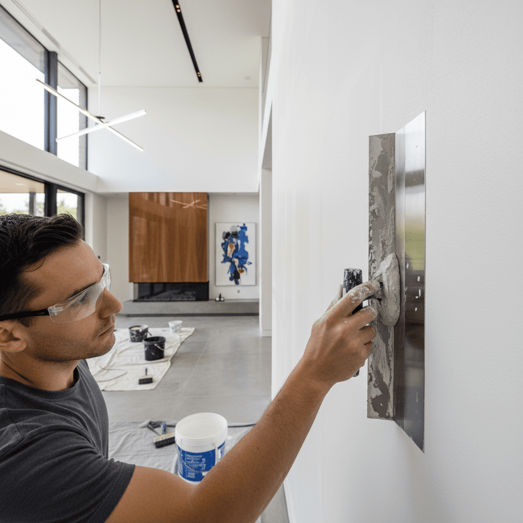 Expert plasterer applying compound to a luxury interior wall with precision.