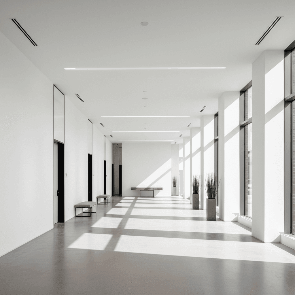 A fresh, bright editorial aesthetic wide shot of a premium commercial interior space with flawlessly finished walls and ceilings.