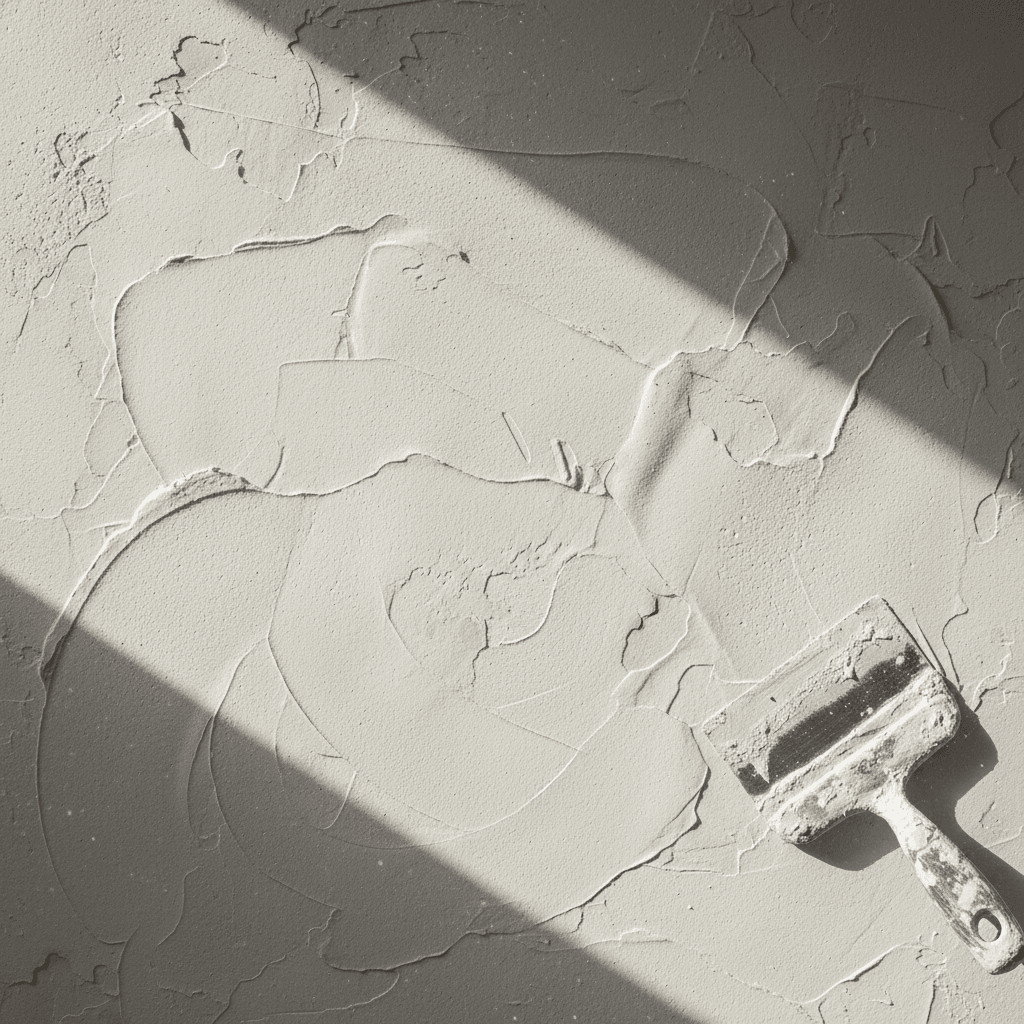 Extreme close-up overhead view of freshly applied plaster texture showing trowel marks and dimensional finish
