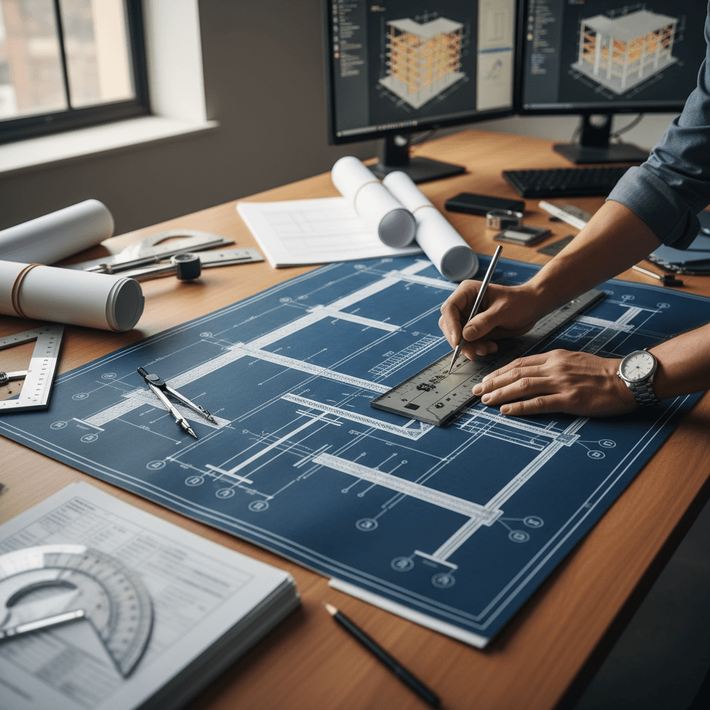 Engineer's hands drawing detailed structural blueprints with technical instruments on drafting table in natural light