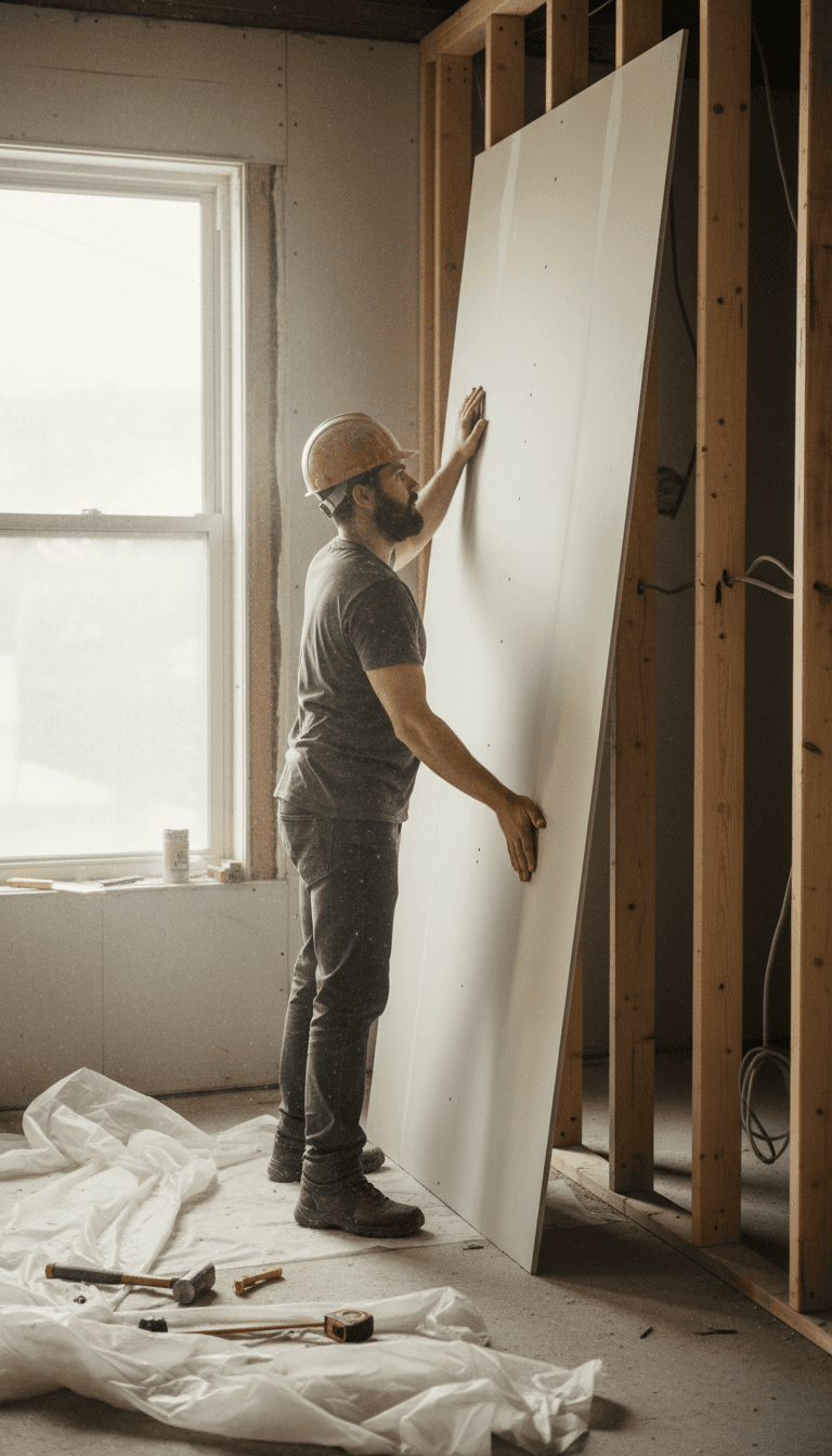 Construction worker hanging large drywall sheet on interior framed wall with focused determination