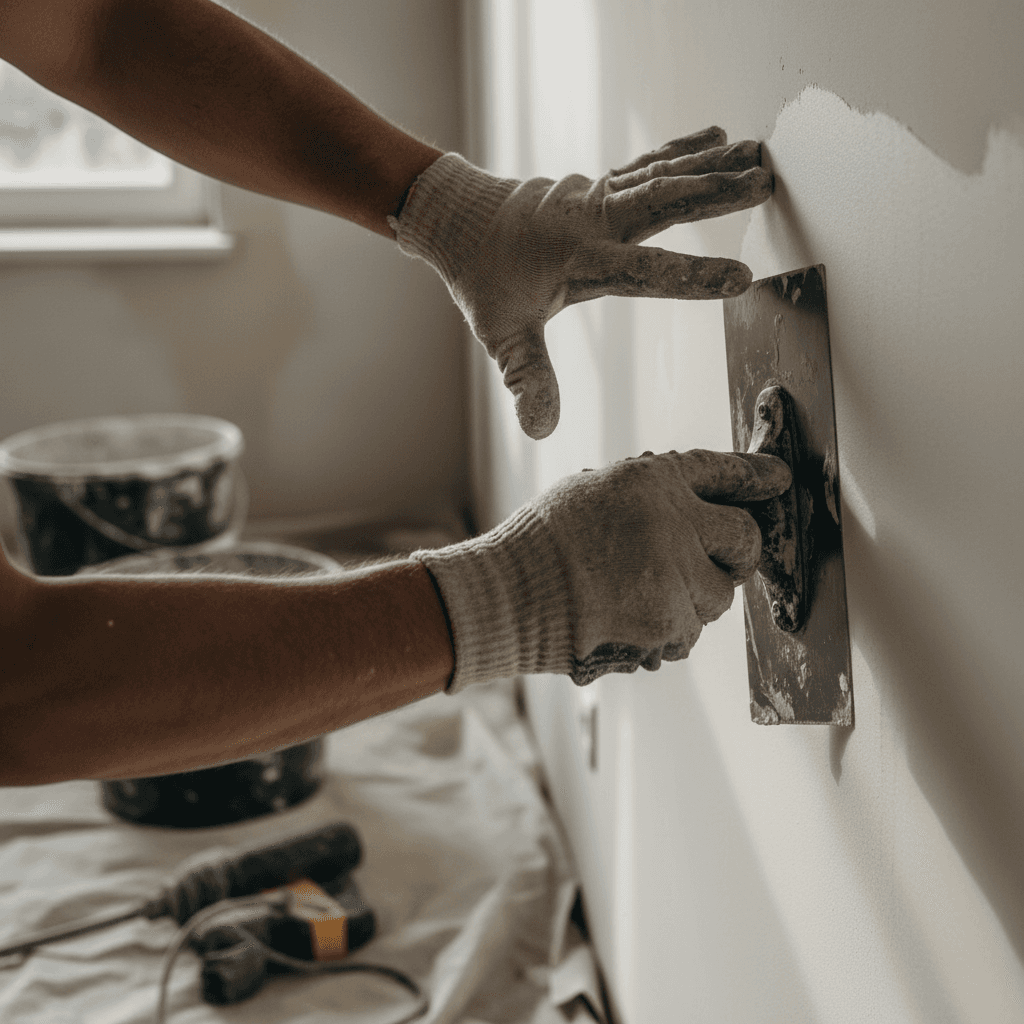 Plasterer applying final finish to a seamless drywall surface