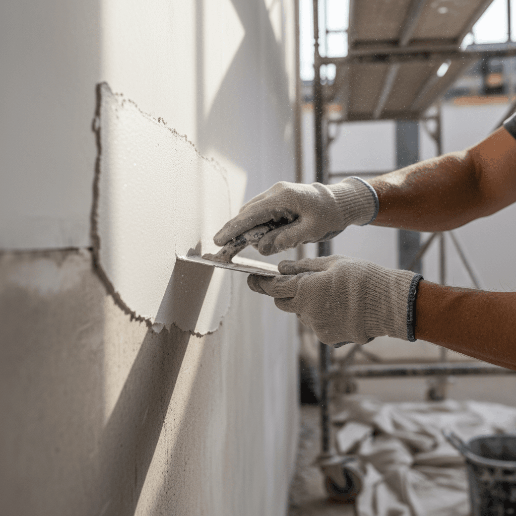 Plasterer applying finish compound with precision trowel technique