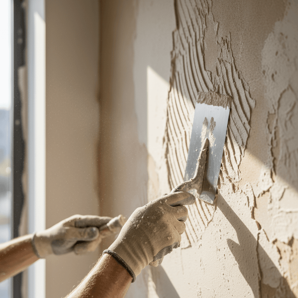 Skilled worker's hands applying textured wall finish with trowel, showing craftsmanship detail and material application technique