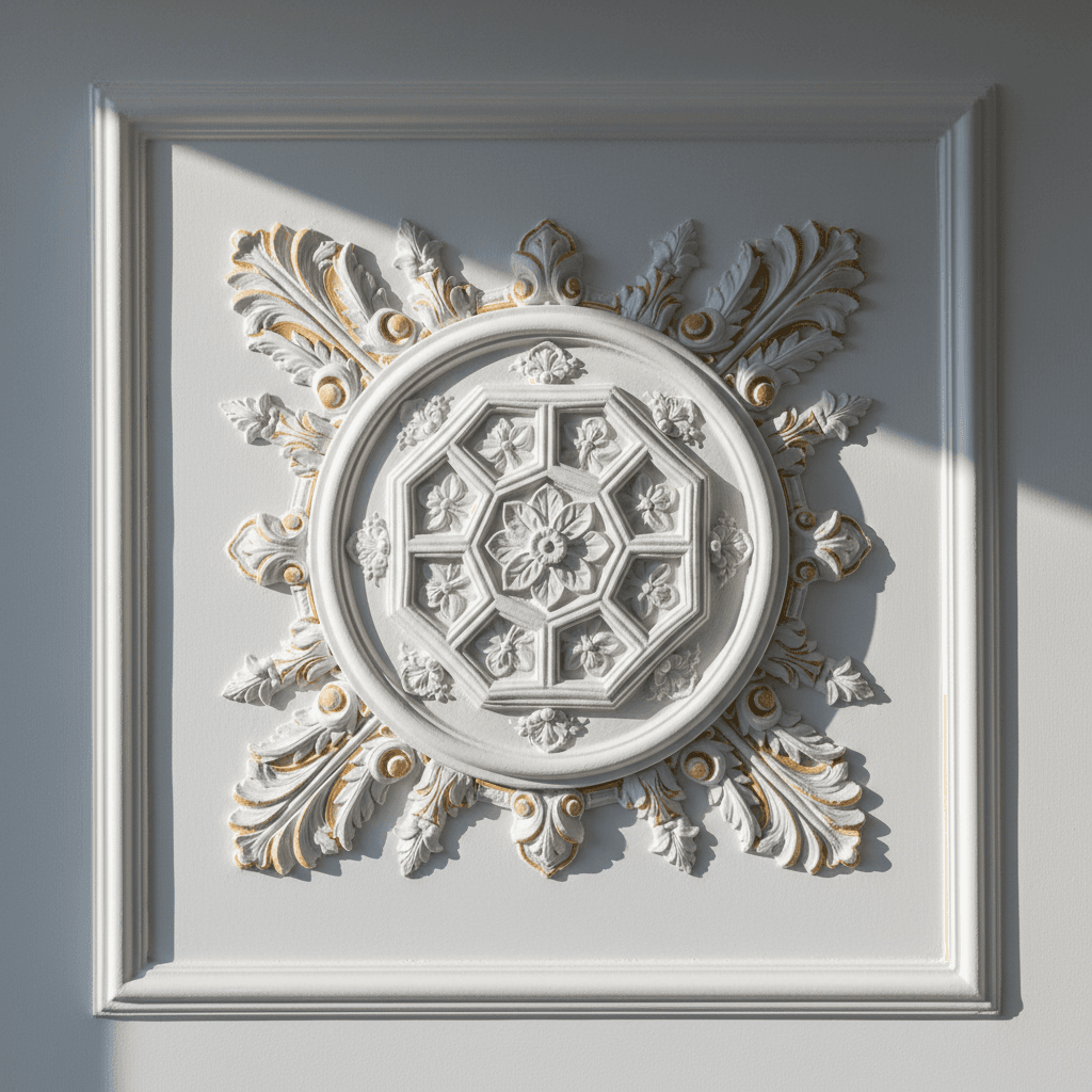Ornamental plaster cornicing with architectural detail finish
