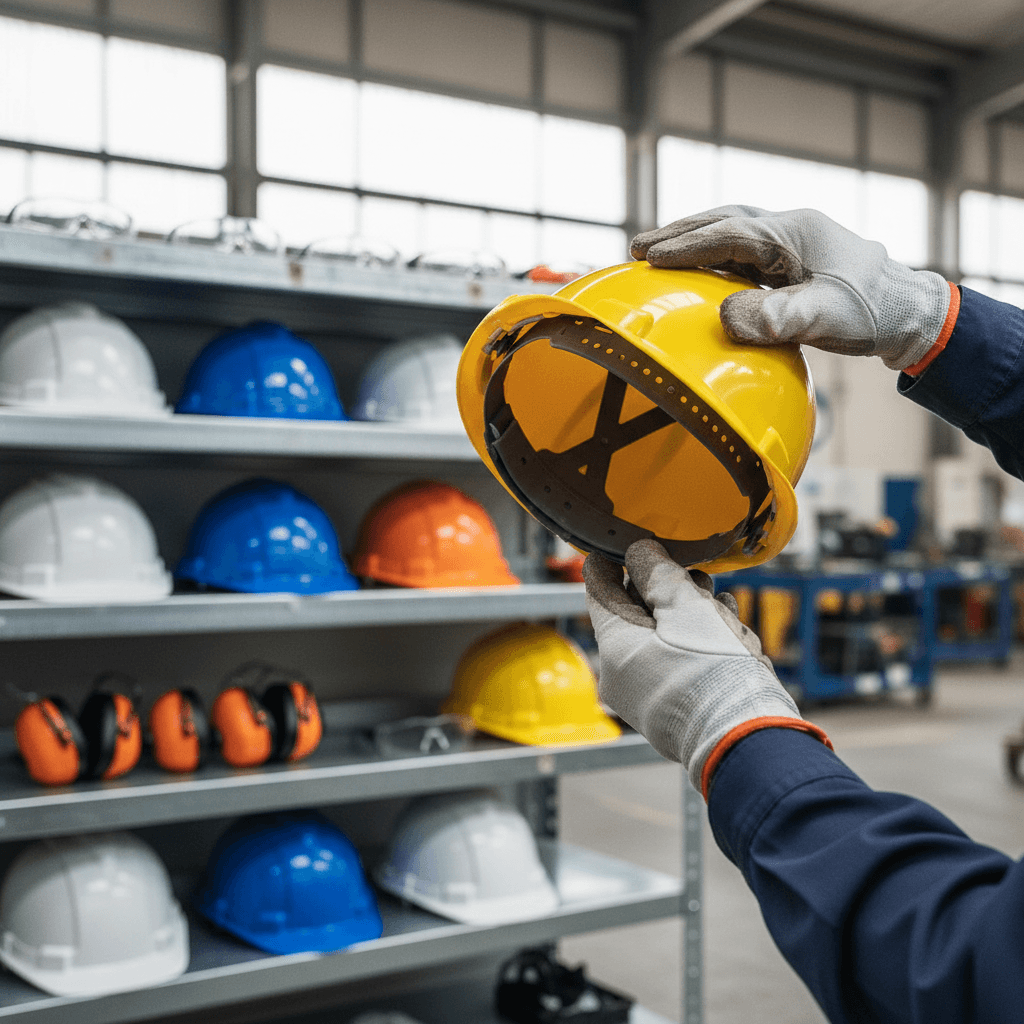 Construction worker inspecting yellow safety helmet on organized shelving, checking padding and ventilation details