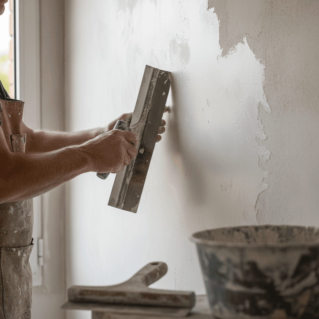 Master plasterer applying flawless Level 5 finish to luxury residential wall