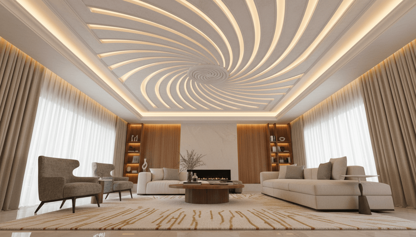 Elaborate decorative plaster ceiling with geometric patterns and integrated lighting in contemporary residential living room with warm ambient lighting